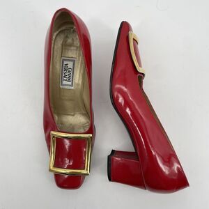Gianni Versace Size 7 Red Patent Leather High Heels RARE Gold Buckle Block Heel